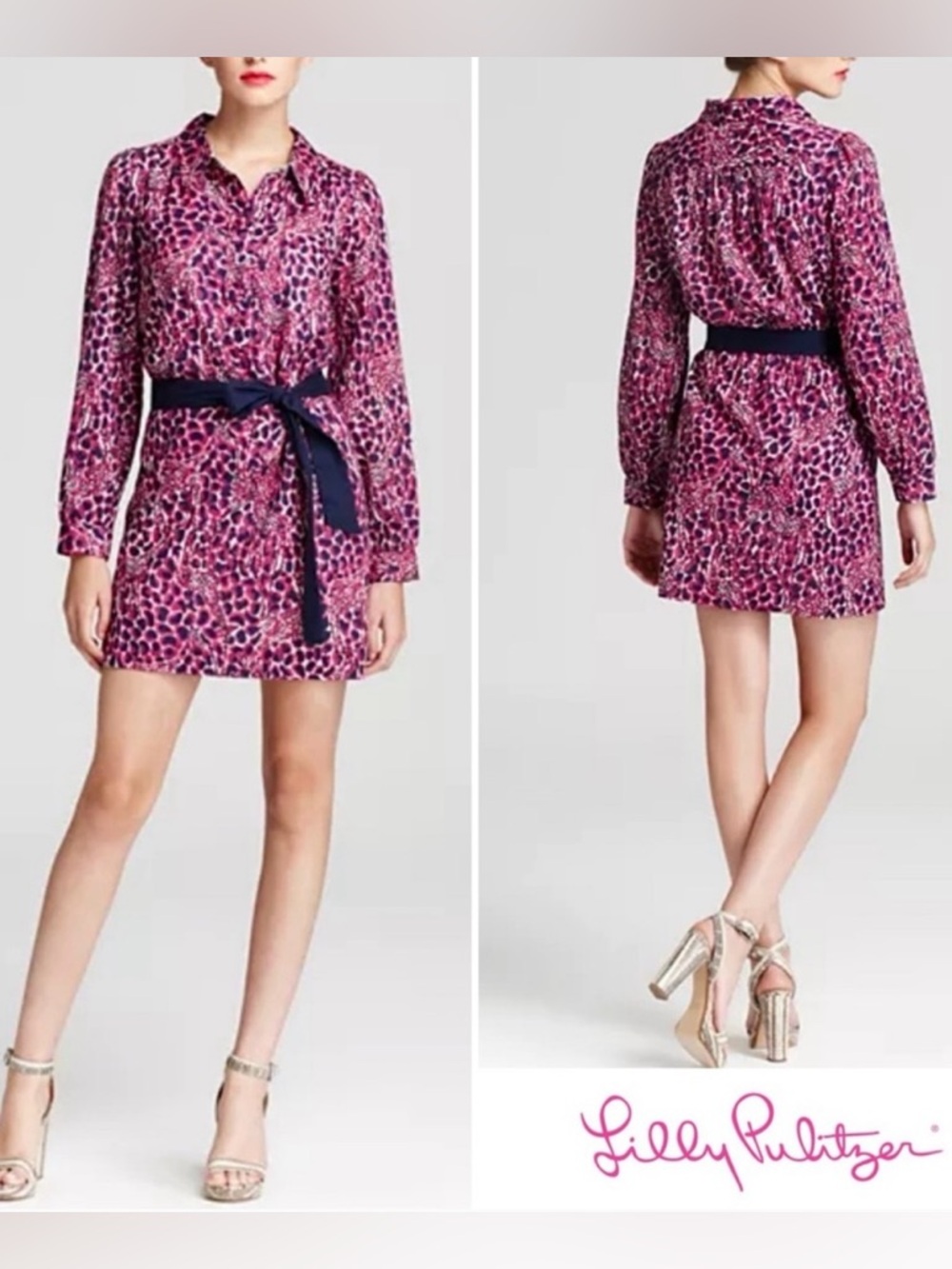 Lilly Pulitzer Davie Printed Mini Shirt Tie-Waist Dress Hollyhock Blue Belt 10